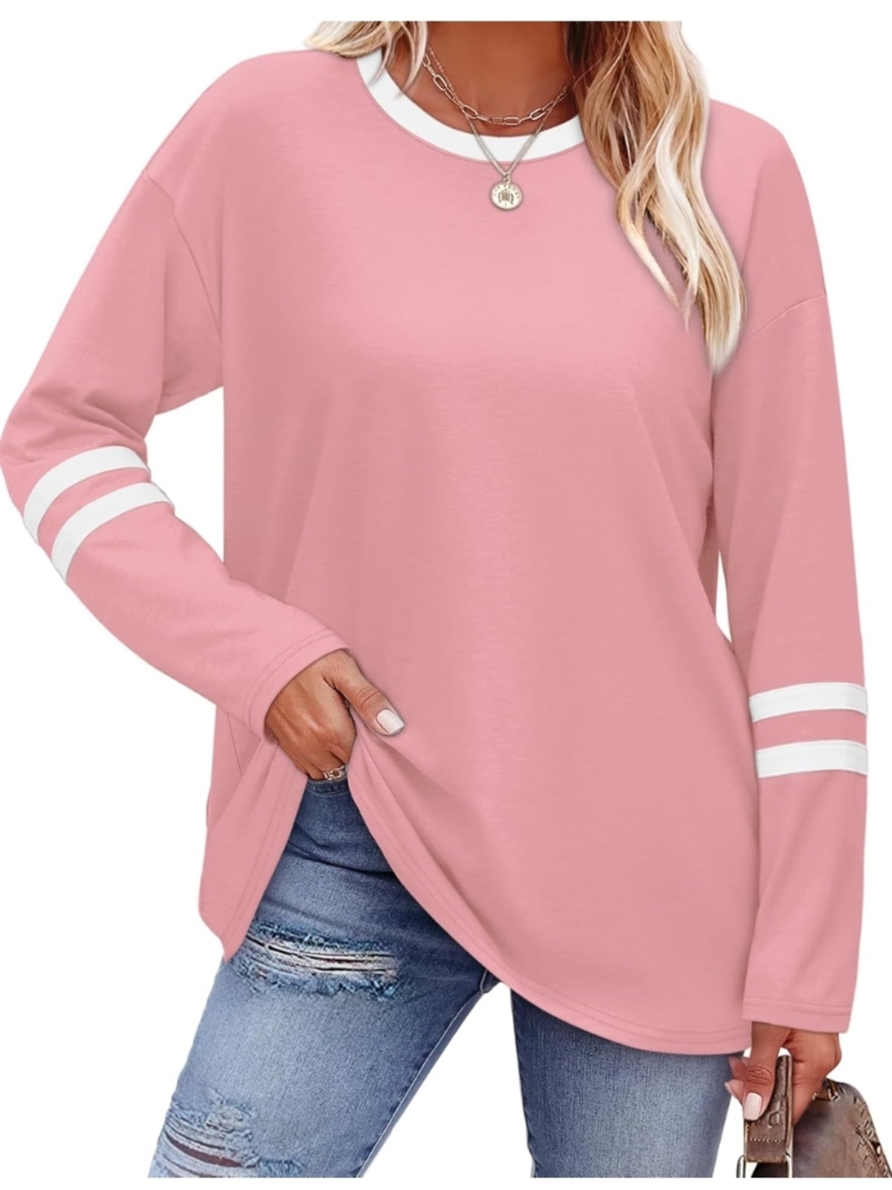 Sampeel Color Block Long Sleeve Tunic Top Pastel Pink XL (EUC)